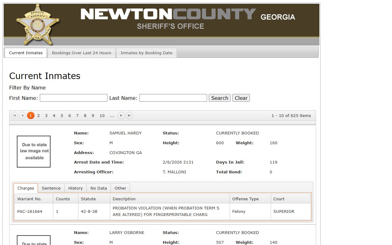 Newton County inmate population OffenderIndex jail roster search tabs