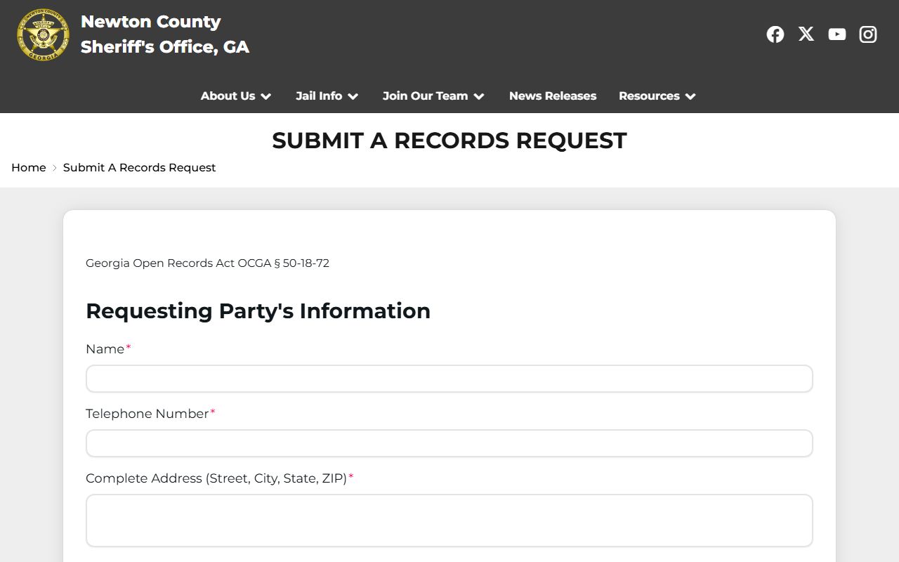 Newton County booking photo open records request form