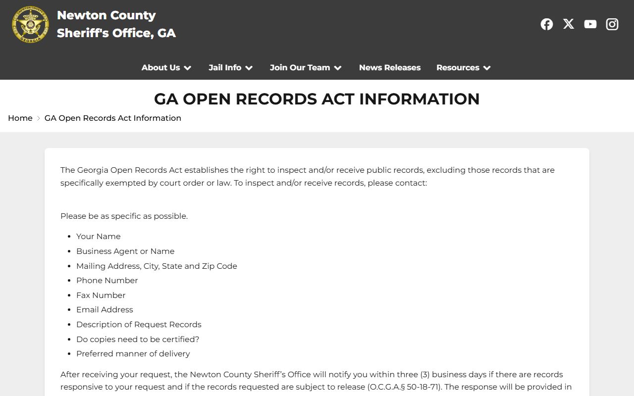 Newton County inmate records open records custodian and fee information