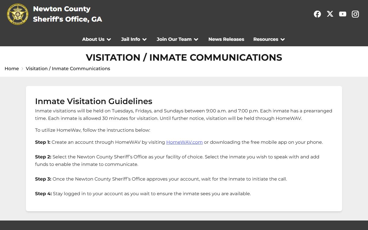 Newton County Detention Center inmate visitation schedule